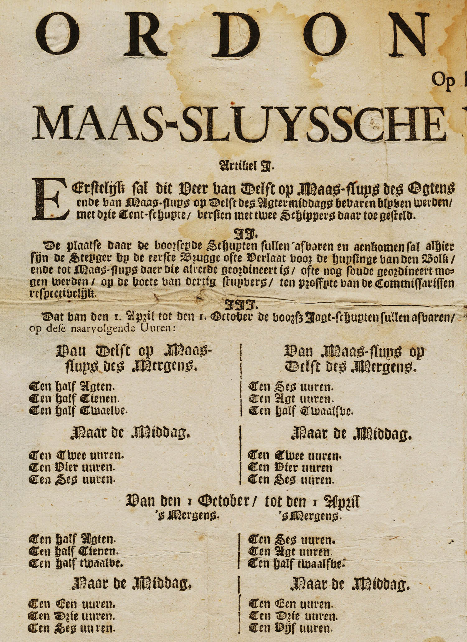 Fragment van de Ordonnan0e op het Maassluisse veer en trekpad met de dienstregeling. Uitgave 1715.